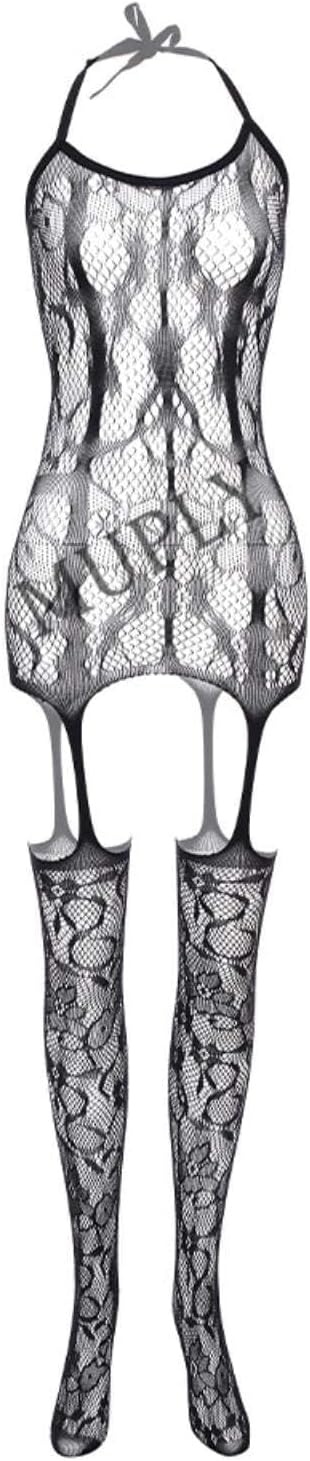 Sexy Lingerie for Women Naughty Bodystocking Fishnet Bodysuit Lace Halter Babydoll Chemise Nightwear Hollow Out Stretchy Tights Mini Dress with Suspenders Grarters Red Black