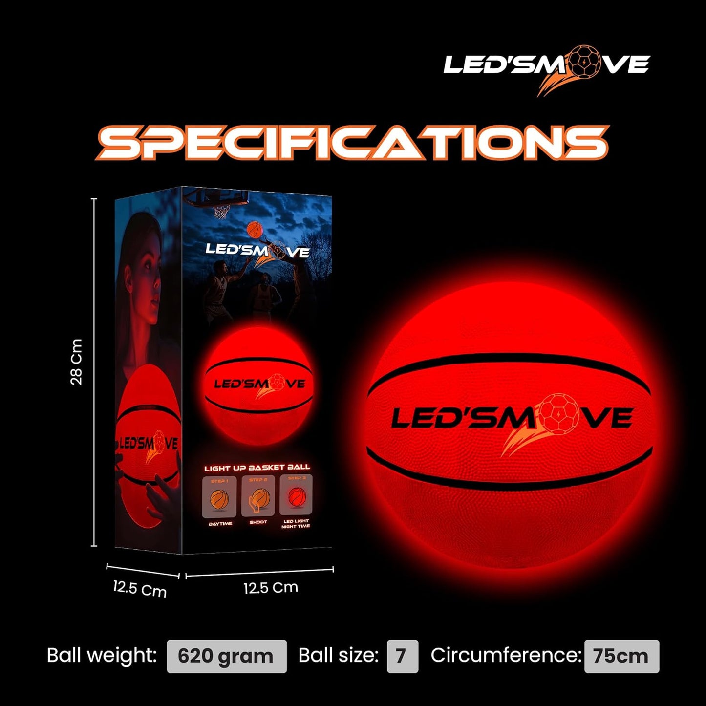 Ledsmove LED Light up Basketball, Luminous Basketball Gift Glow in the Dark, Size 7 Ball for Indoor & Outdoor Games, Basketball Gifts for Boys & Girls - USB-C Rechargeable