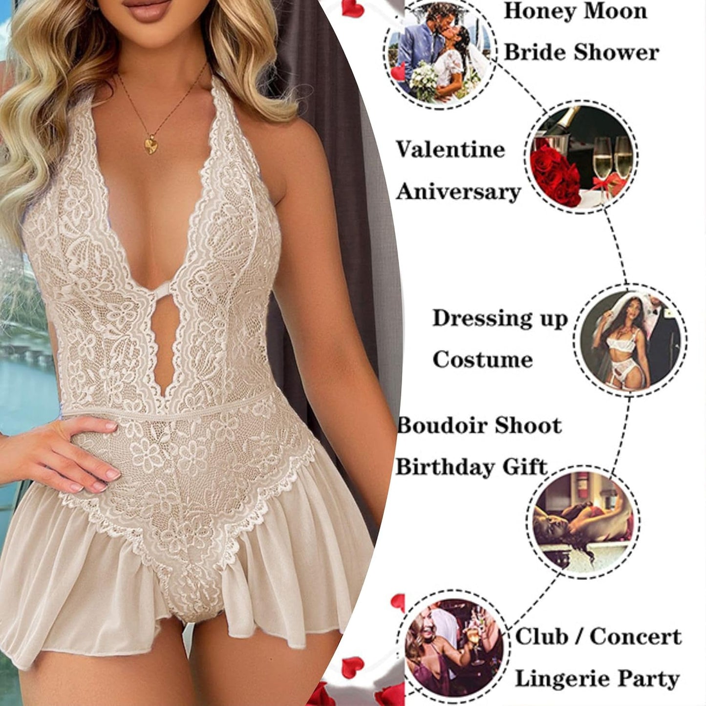 Women’S Sexy Halter Babydoll Lingerie Deep V Lace Teddy Underwear Backless Mini Nightdress Nightwear Lace up Chemise Negligee Sleepwear Naughty Patchwork Nighties