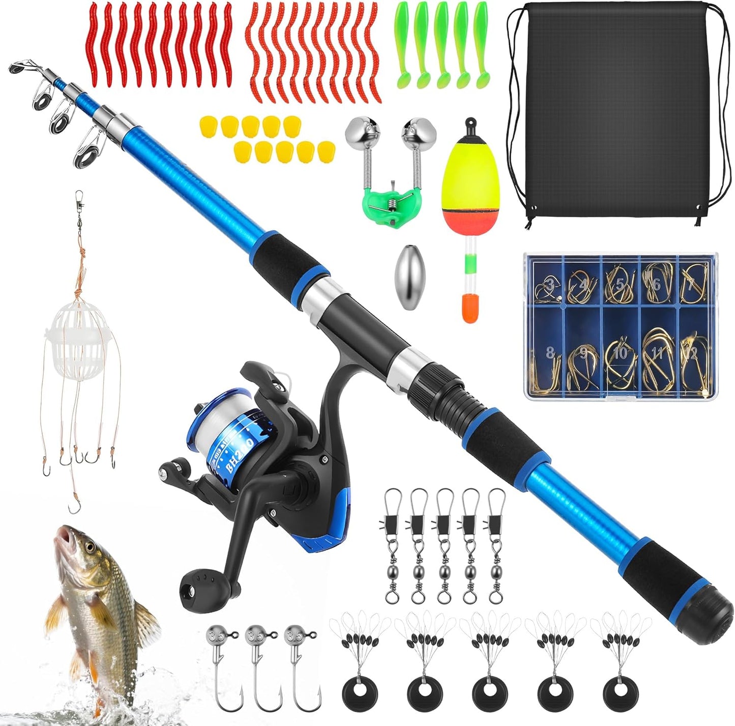 Kids Fishing Rod Starter Set, 45Cm-176Cm Telescopic Fishing Rod and Reel Set Includes Soft Lures Line Hooks Carrier Bag, Travel Fishing Rods Ideal Outdoor Toy Gift for Boys Girls Beginner