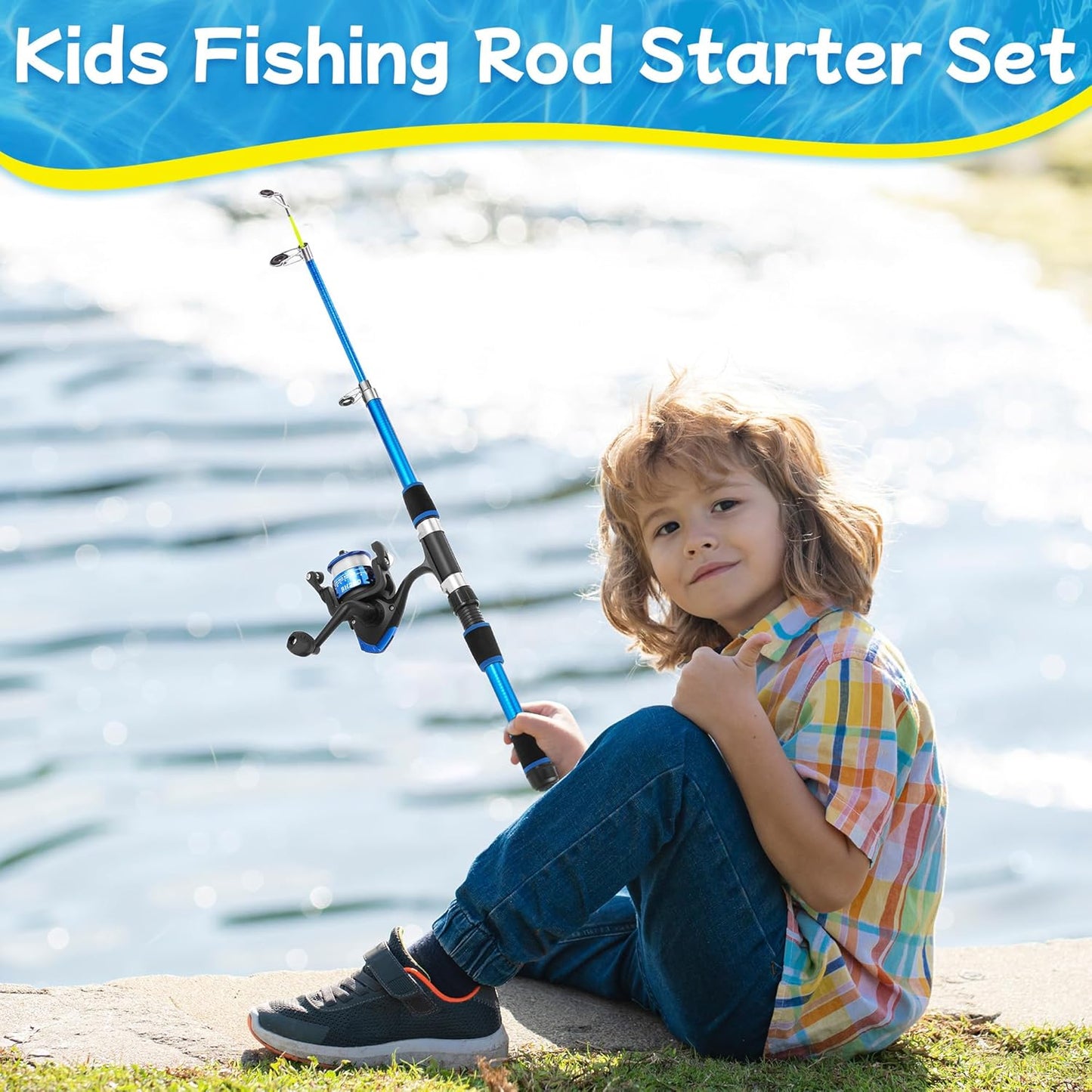 Kids Fishing Rod Starter Set, 45Cm-176Cm Telescopic Fishing Rod and Reel Set Includes Soft Lures Line Hooks Carrier Bag, Travel Fishing Rods Ideal Outdoor Toy Gift for Boys Girls Beginner