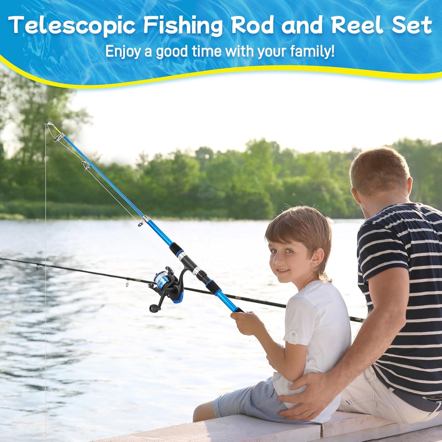 Kids Fishing Rod Starter Set, 45Cm-176Cm Telescopic Fishing Rod and Reel Set Includes Soft Lures Line Hooks Carrier Bag, Travel Fishing Rods Ideal Outdoor Toy Gift for Boys Girls Beginner