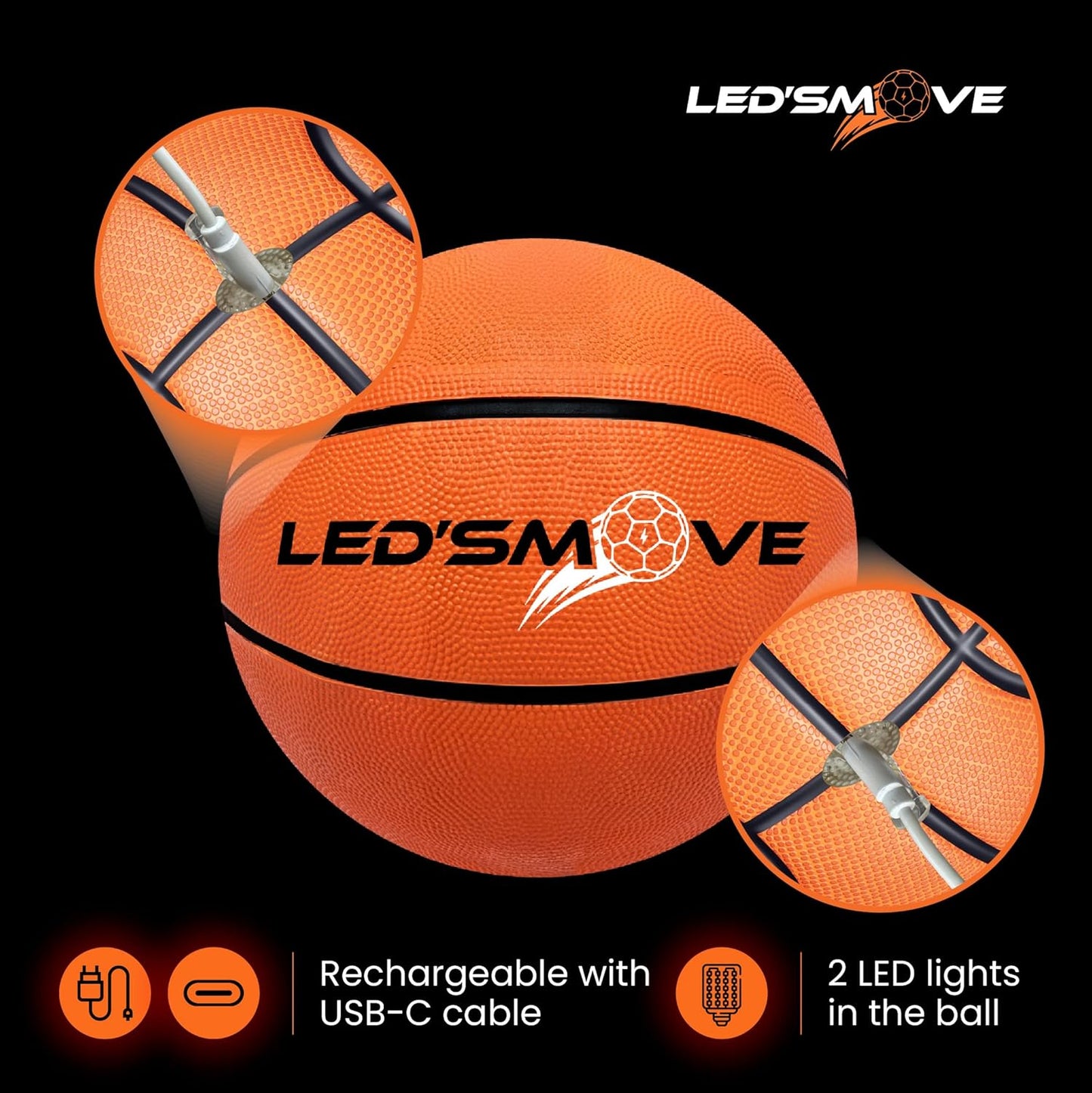 Ledsmove LED Light up Basketball, Luminous Basketball Gift Glow in the Dark, Size 7 Ball for Indoor & Outdoor Games, Basketball Gifts for Boys & Girls - USB-C Rechargeable