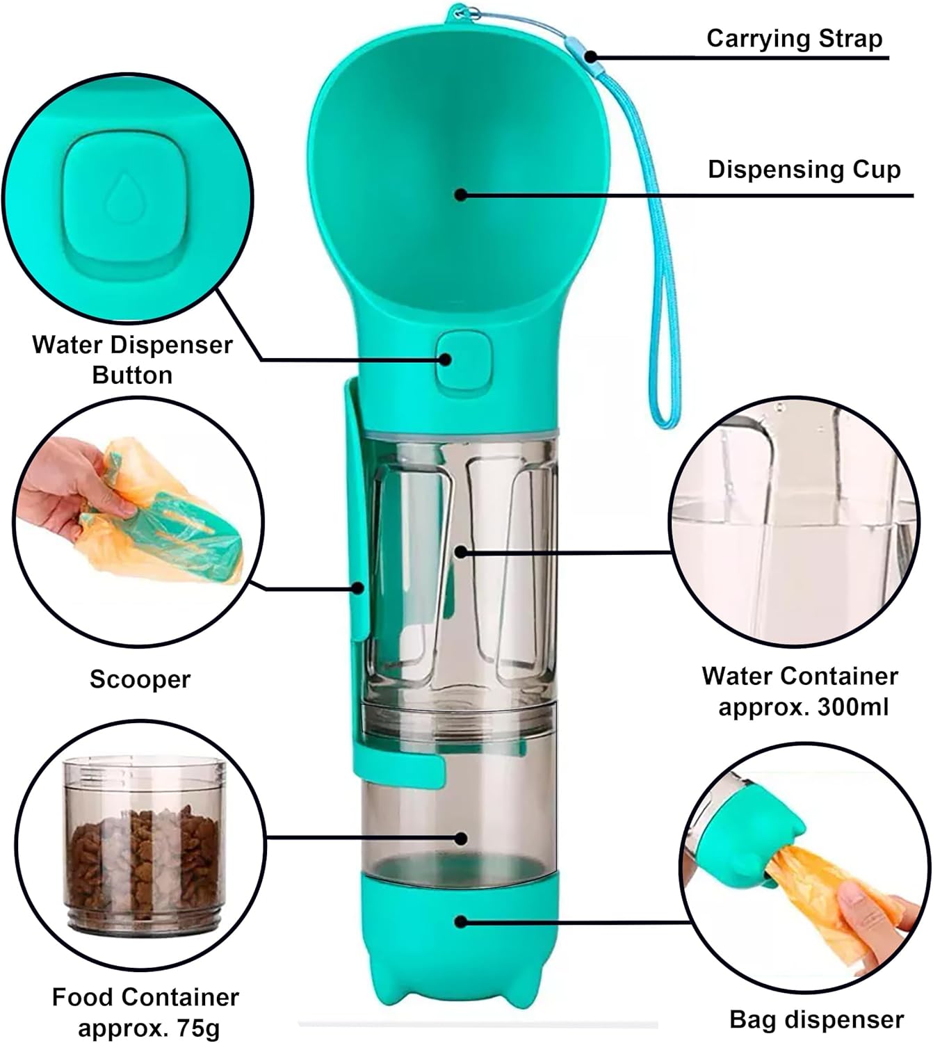 Dog Water Bottle - 300Ml Pet Water Bottle with Garbage Collection Bag, Poop Shovel and Food Dispenser, Portable, Leak-Proof Water Feeder Ideal for Travel and Walking.
