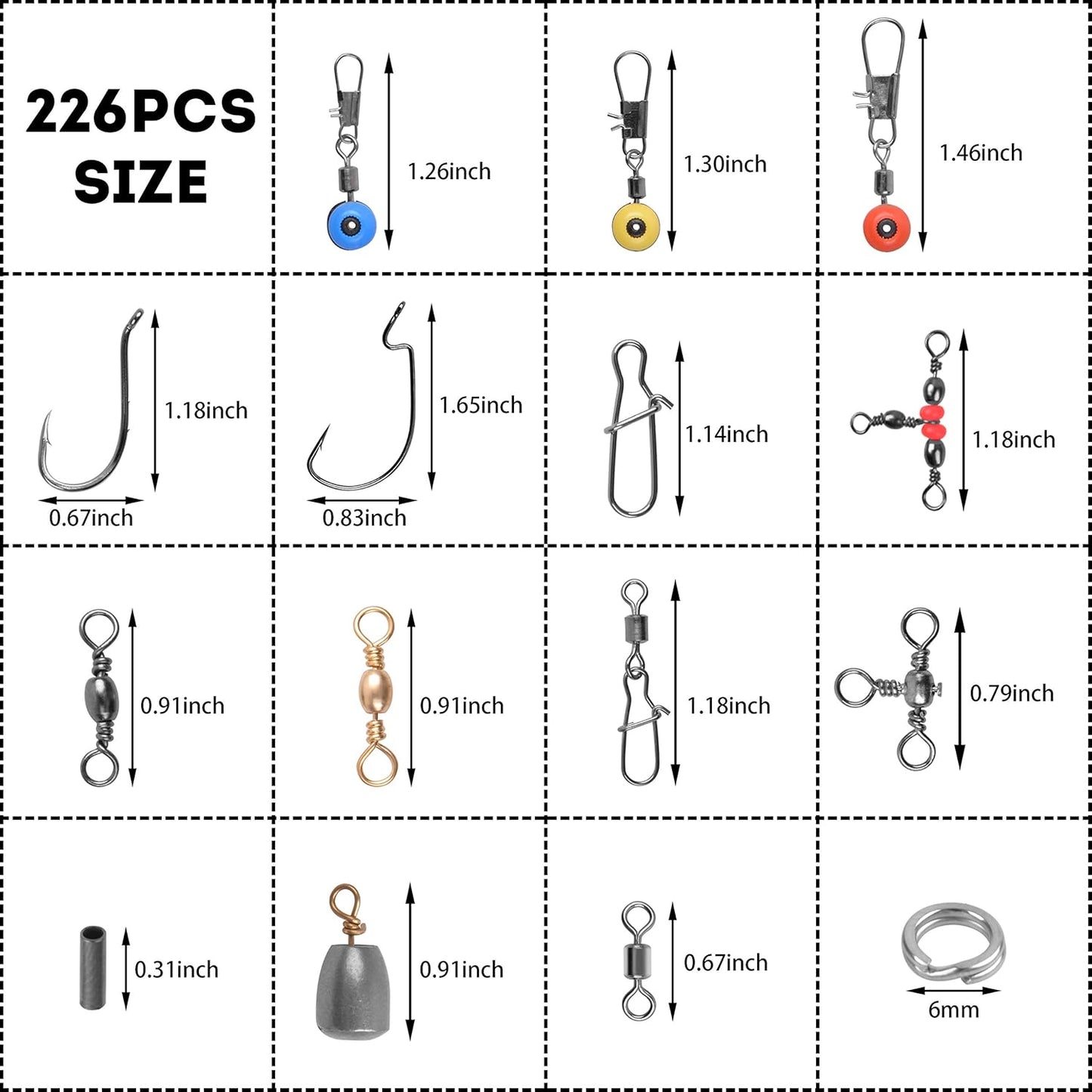 Fishing Swivels Snaps Set 226Pcs/Box Swivels Snaps Sinker Weights Three Way Swivel Split Rings Jigs Beads Freshwater Saltwater Fishing Accessories Tackle Box