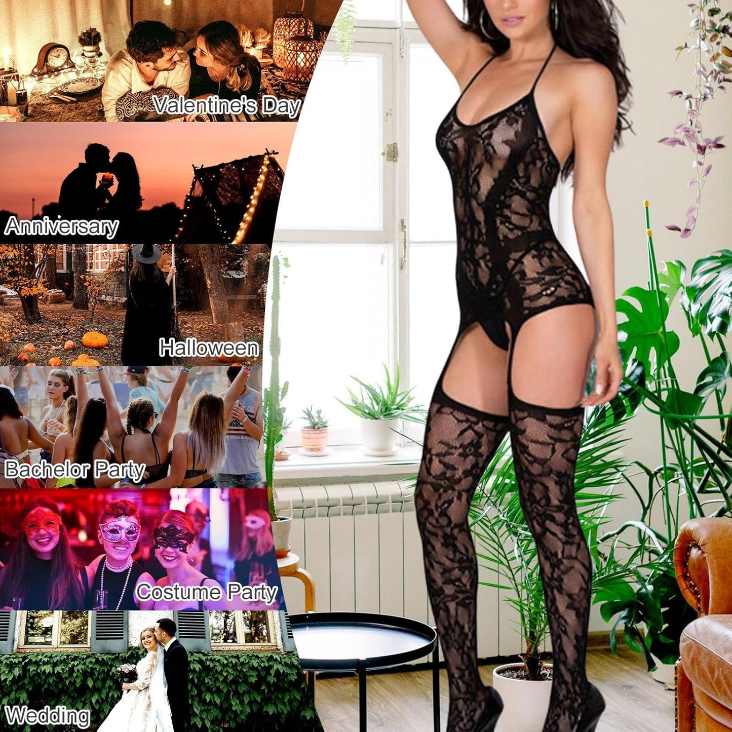 Sexy Lingerie for Women Naughty Bodystocking Fishnet Bodysuit Lace Halter Babydoll Chemise Nightwear Hollow Out Stretchy Tights Mini Dress with Suspenders Grarters Red Black