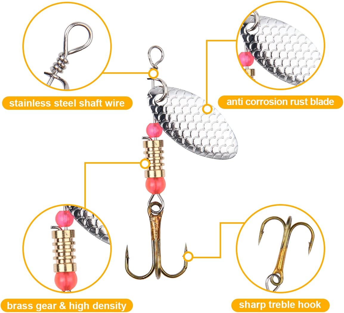 Fishing Lures Set, 16 Pcs Fishing Baits Kit Fishing Lures Mixed Including Spinners, Jig Hooks, Bait, Sequins Spinner Fishing Lures with Hook, Lifelike Rotating Metal Fishing Bait Set