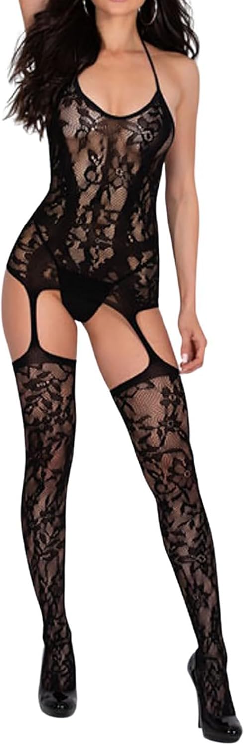 Sexy Lingerie for Women Naughty Bodystocking Fishnet Bodysuit Lace Halter Babydoll Chemise Nightwear Hollow Out Stretchy Tights Mini Dress with Suspenders Grarters Red Black