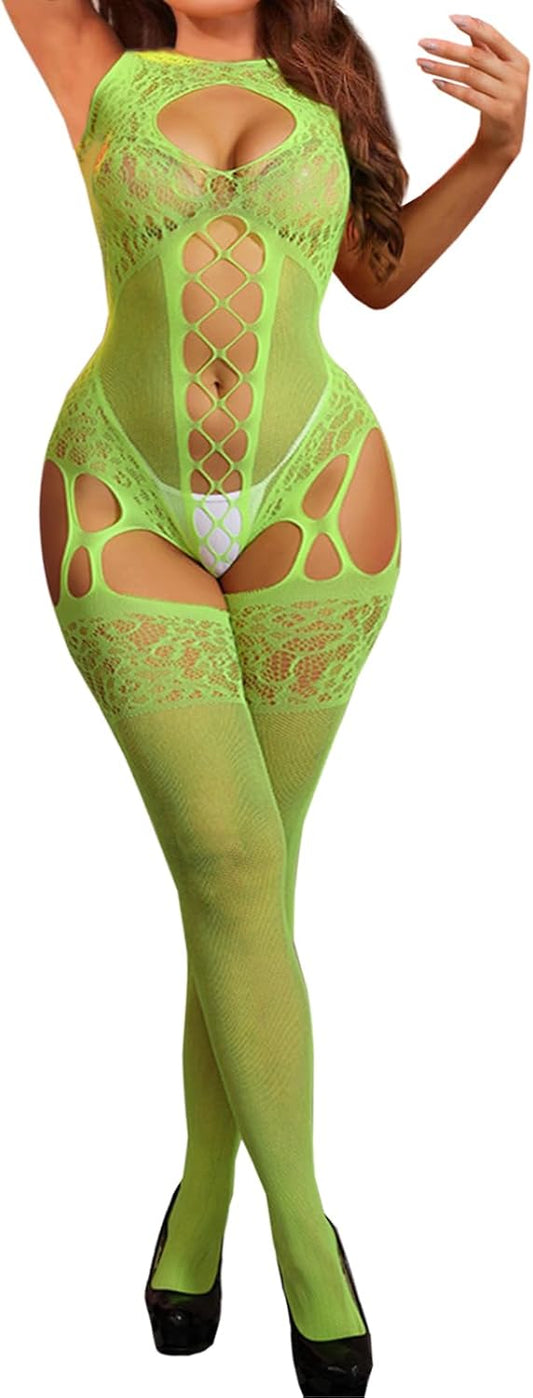 Womens Fishnet Bodystocking plus Size Crotchless Bodysuit Sexy Tights Soft Nightwear Lingerie for Women