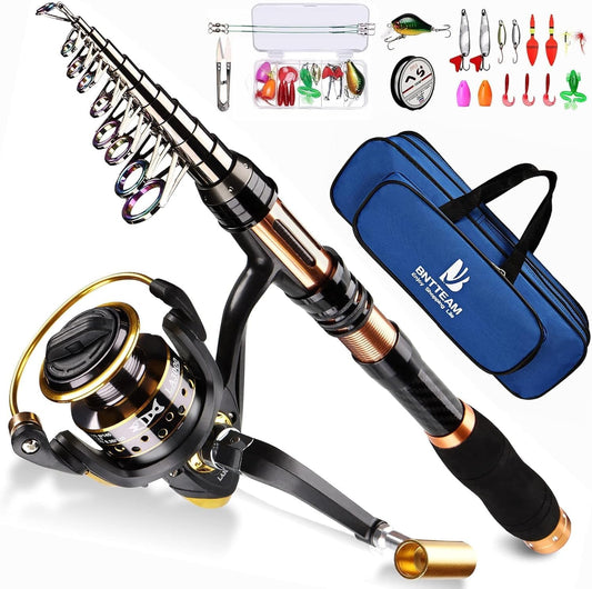 Spinning Rod and Reel Combo Carbon Telescopic Fishing Rod 13BB Fishing Reel Bag Lures Line Hooks Set for Travel Surf Saltwater Freshwater