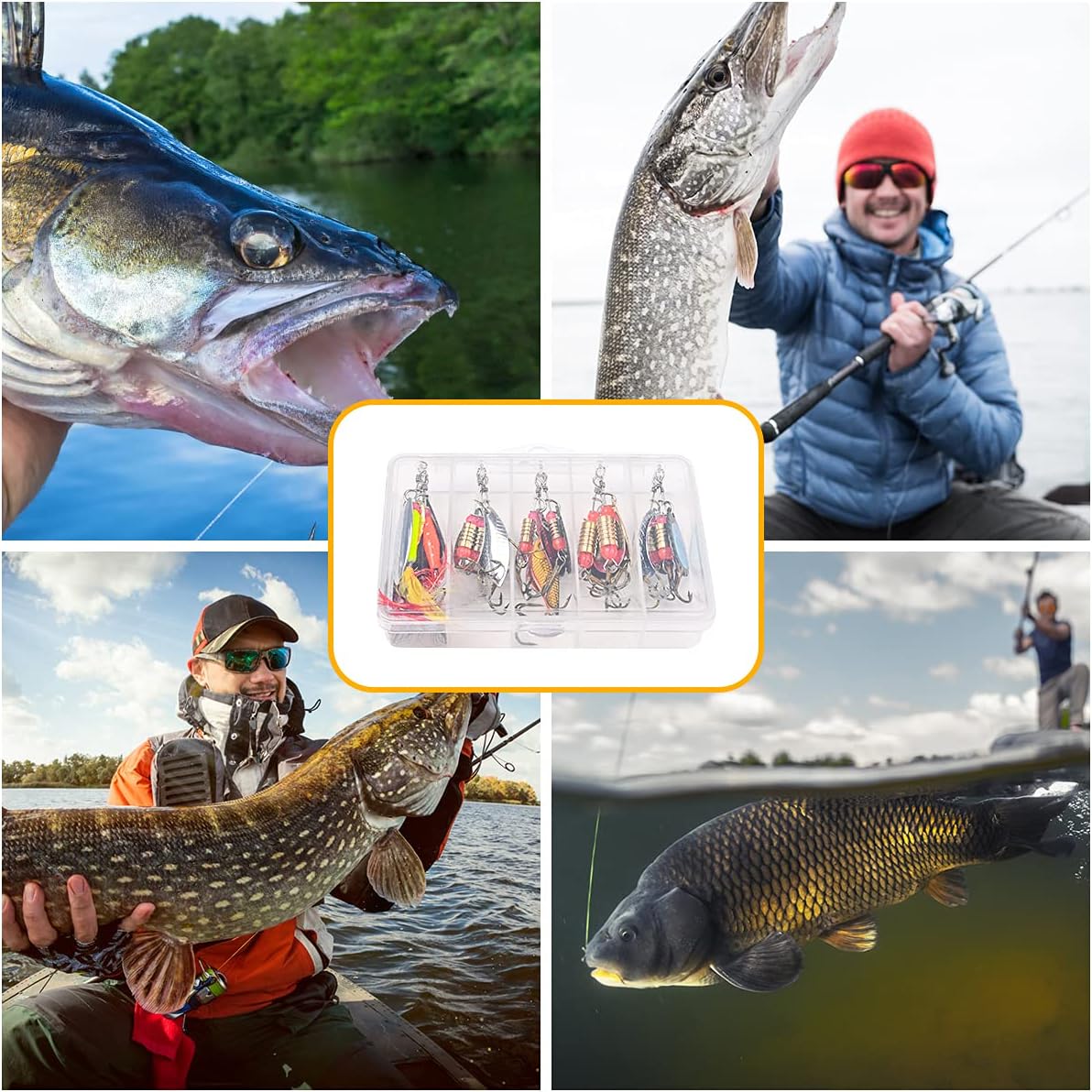 Fishing Lures Set, 16 Pcs Fishing Baits Kit Fishing Lures Mixed Including Spinners, Jig Hooks, Bait, Sequins Spinner Fishing Lures with Hook, Lifelike Rotating Metal Fishing Bait Set