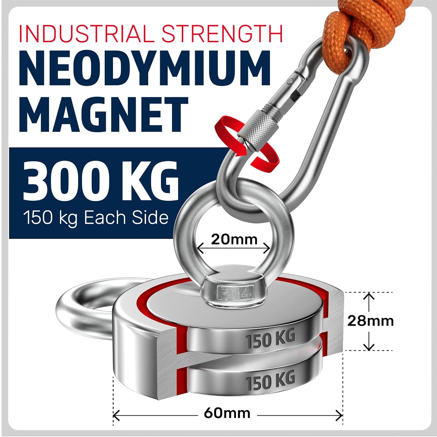 Magnet Fishing Kit - 300 KG (700Lb) - Ø60Mm - Super Strong Neodymium Magnet with Rope (20M), Carabiner, Gloves, Threadlocker - Magnetic Powerful Magnets
