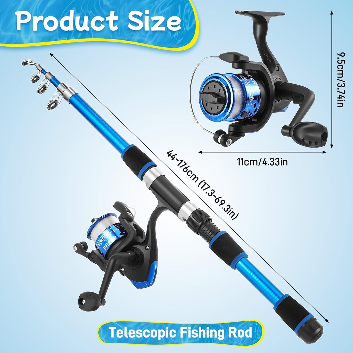 Kids Fishing Rod Starter Set, 45Cm-176Cm Telescopic Fishing Rod and Reel Set Includes Soft Lures Line Hooks Carrier Bag, Travel Fishing Rods Ideal Outdoor Toy Gift for Boys Girls Beginner