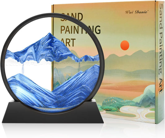 Moving Sand Art Picture 3D Hourglass Deep Sea Sandscape Liquid Motion Display Painting Flowing Sand Frame Relaxing Desktop Home Office Work Decor (Blue, 12 Inches)