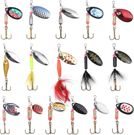 Fishing Lures Set, 16 Pcs Fishing Baits Kit Fishing Lures Mixed Including Spinners, Jig Hooks, Bait, Sequins Spinner Fishing Lures with Hook, Lifelike Rotating Metal Fishing Bait Set