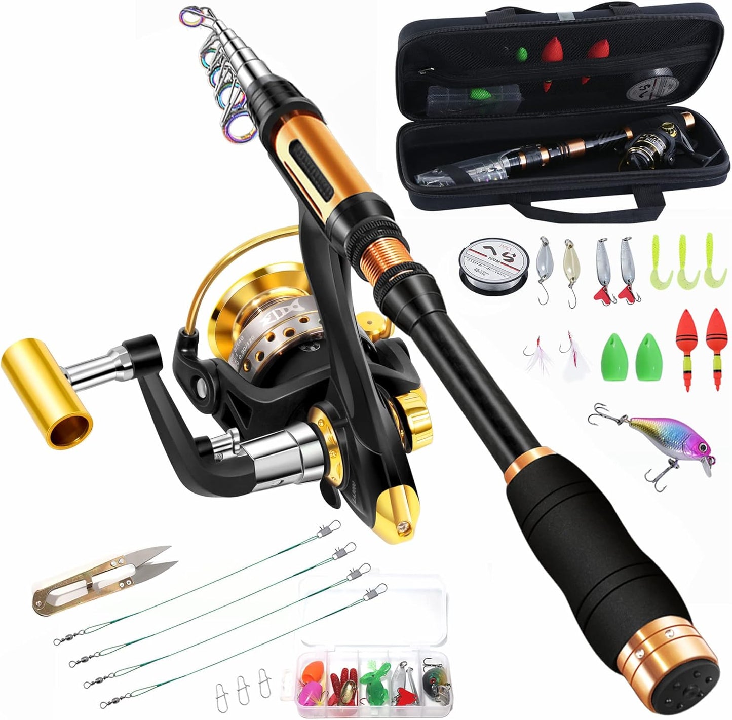 Spinning Rod and Reel Combo Carbon Telescopic Fishing Rod 13BB Fishing Reel Bag Lures Line Hooks Set for Travel Surf Saltwater Freshwater