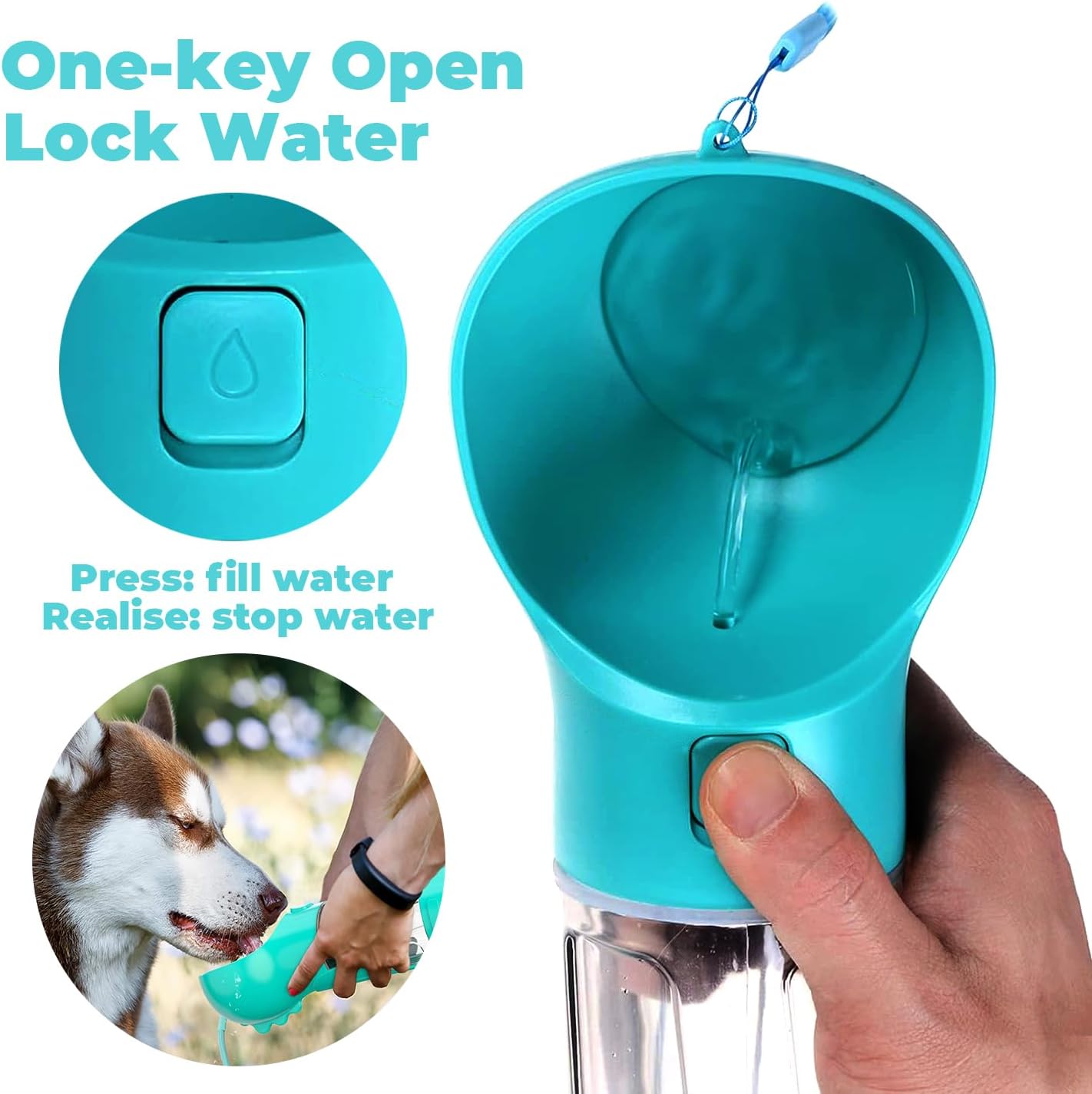 Dog Water Bottle - 300Ml Pet Water Bottle with Garbage Collection Bag, Poop Shovel and Food Dispenser, Portable, Leak-Proof Water Feeder Ideal for Travel and Walking.