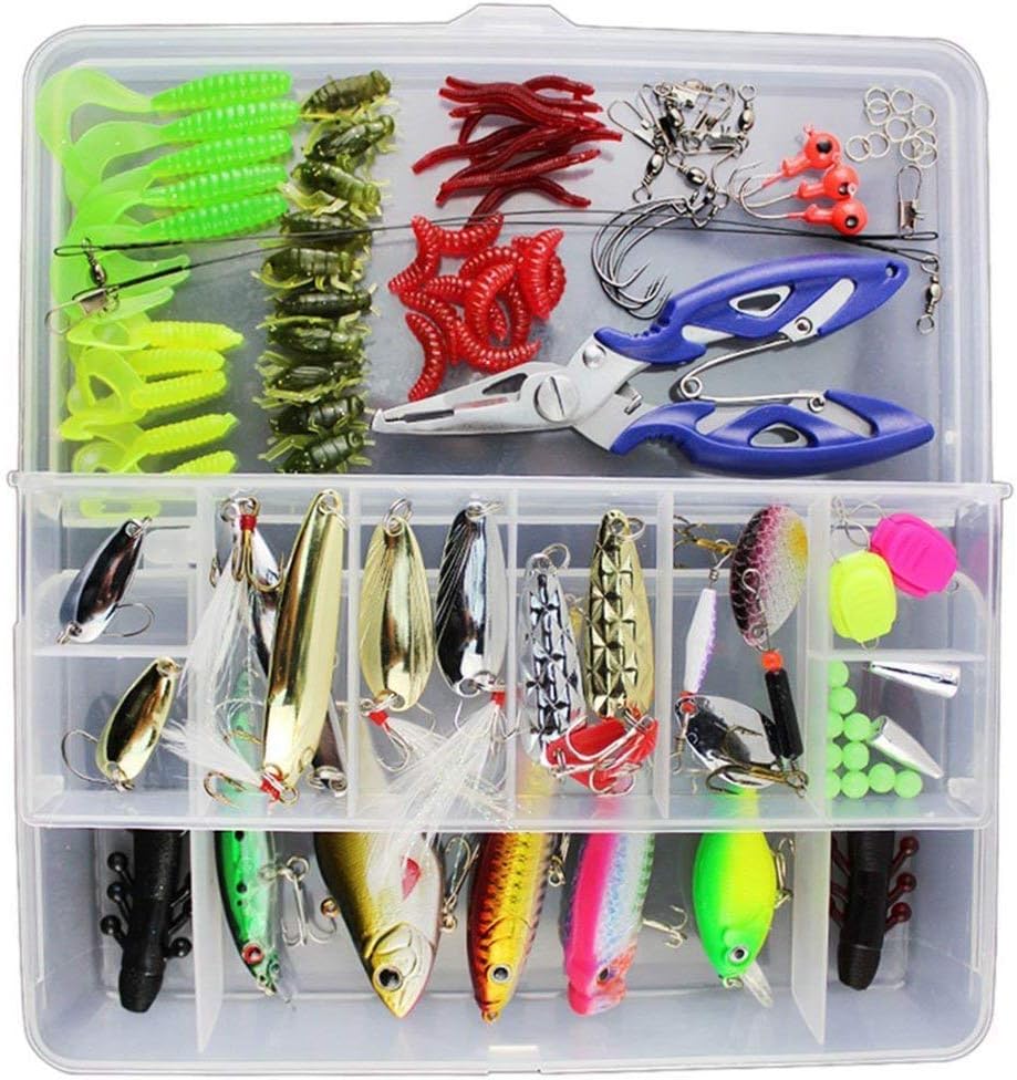 120 PCS Fishing Lures Mixed Including Spinners,Vib,Treble Hooks,Single Hooks,Swivels,Pliers and Tackle Box