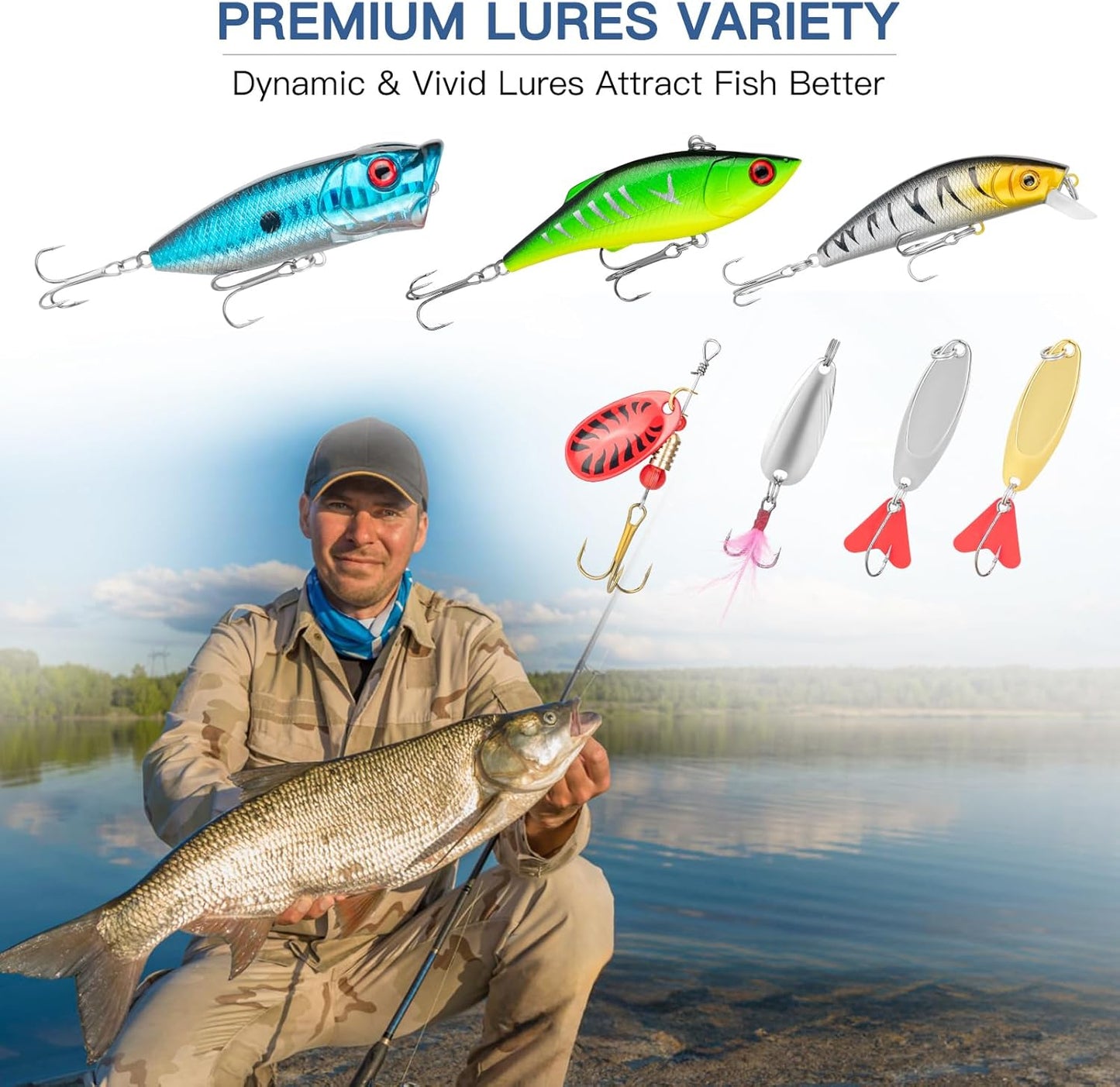 144 PCS Fishing Lures Mixed,Tackle Box Included Crankbaits, Spoon, Hooks, Jigs, Weights and More Other Accessories, Fishing Bait Lure Gear Kit Gifts for Men Bass Freshwater