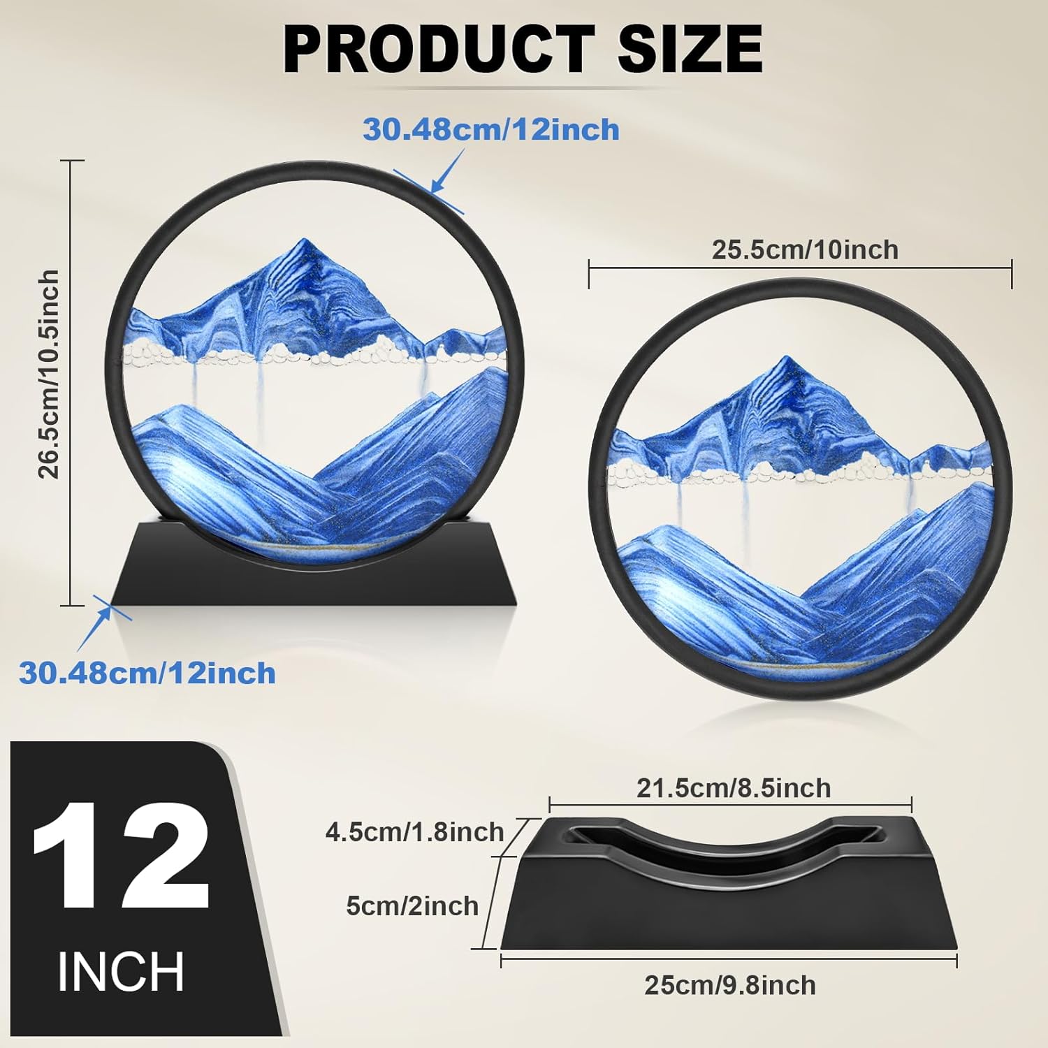 Moving Sand Art Picture 3D Hourglass Deep Sea Sandscape Liquid Motion Display Painting Flowing Sand Frame Relaxing Desktop Home Office Work Decor (Blue, 12 Inches)