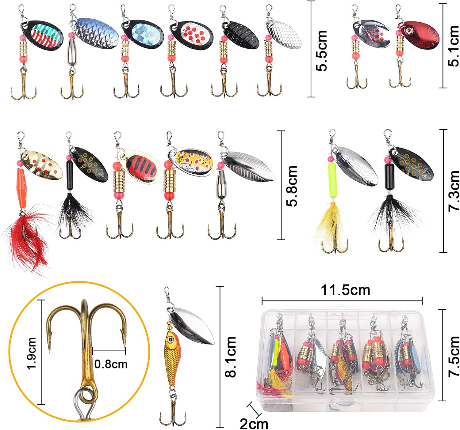Fishing Lures Set, 16 Pcs Fishing Baits Kit Fishing Lures Mixed Including Spinners, Jig Hooks, Bait, Sequins Spinner Fishing Lures with Hook, Lifelike Rotating Metal Fishing Bait Set