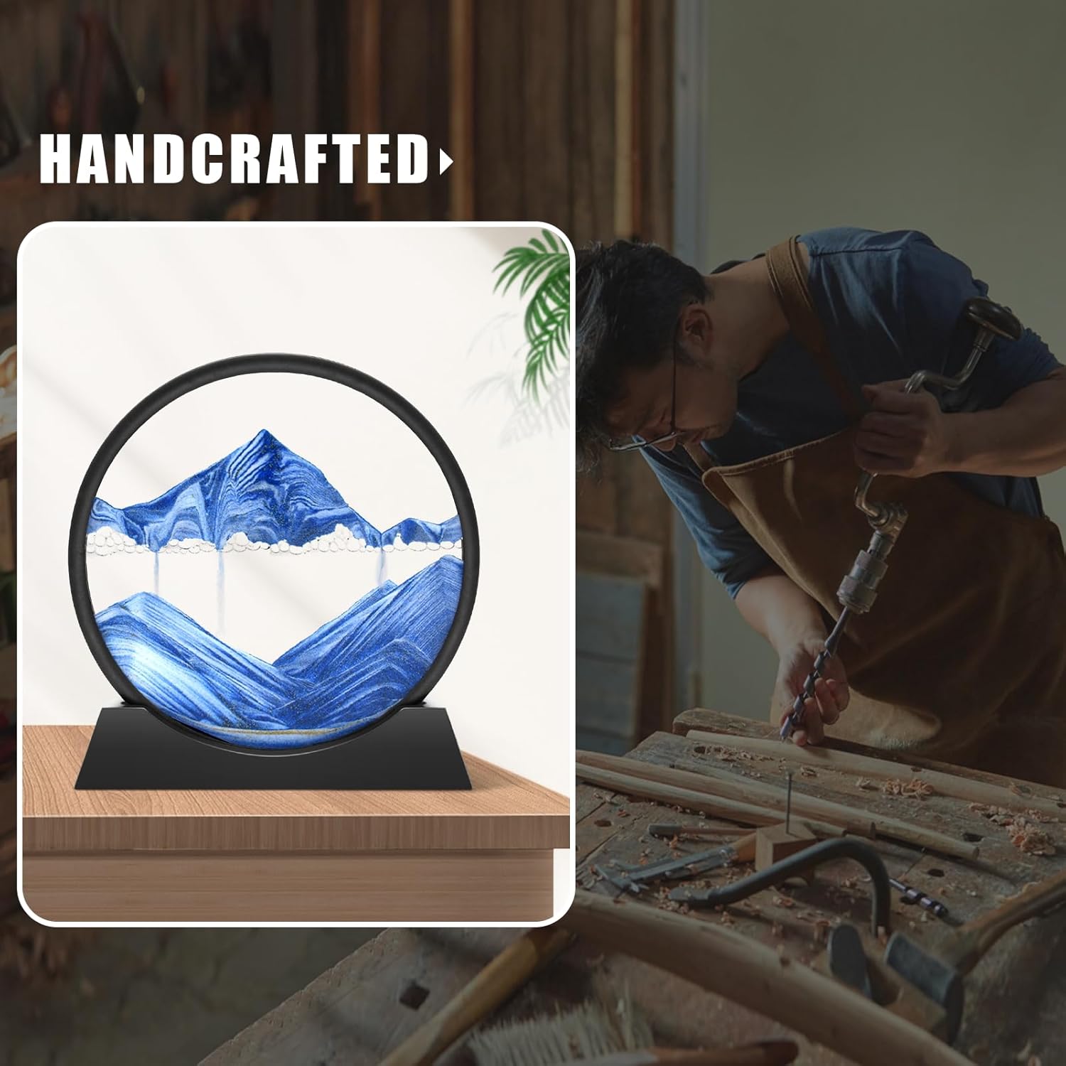 Moving Sand Art Picture 3D Hourglass Deep Sea Sandscape Liquid Motion Display Painting Flowing Sand Frame Relaxing Desktop Home Office Work Decor (Blue, 12 Inches)