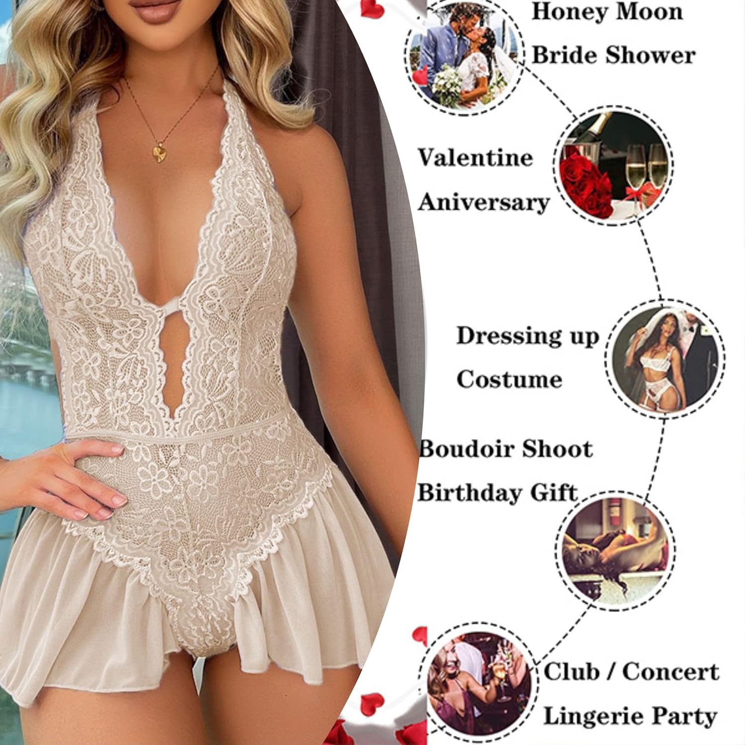 Women’S Sexy Halter Babydoll Lingerie Deep V Lace Teddy Underwear Backless Mini Nightdress Nightwear Lace up Chemise Negligee Sleepwear Naughty Patchwork Nighties