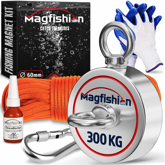 Magnet Fishing Kit - 300 KG (700Lb) - Ø60Mm - Super Strong Neodymium Magnet with Rope (20M), Carabiner, Gloves, Threadlocker - Magnetic Powerful Magnets