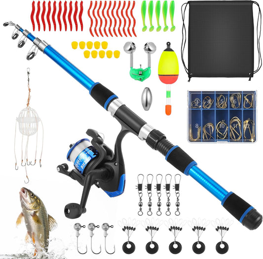 Kids Fishing Rod Starter Set, 45Cm-176Cm Telescopic Fishing Rod and Reel Set Includes Soft Lures Line Hooks Carrier Bag, Travel Fishing Rods Ideal Outdoor Toy Gift for Boys Girls Beginner