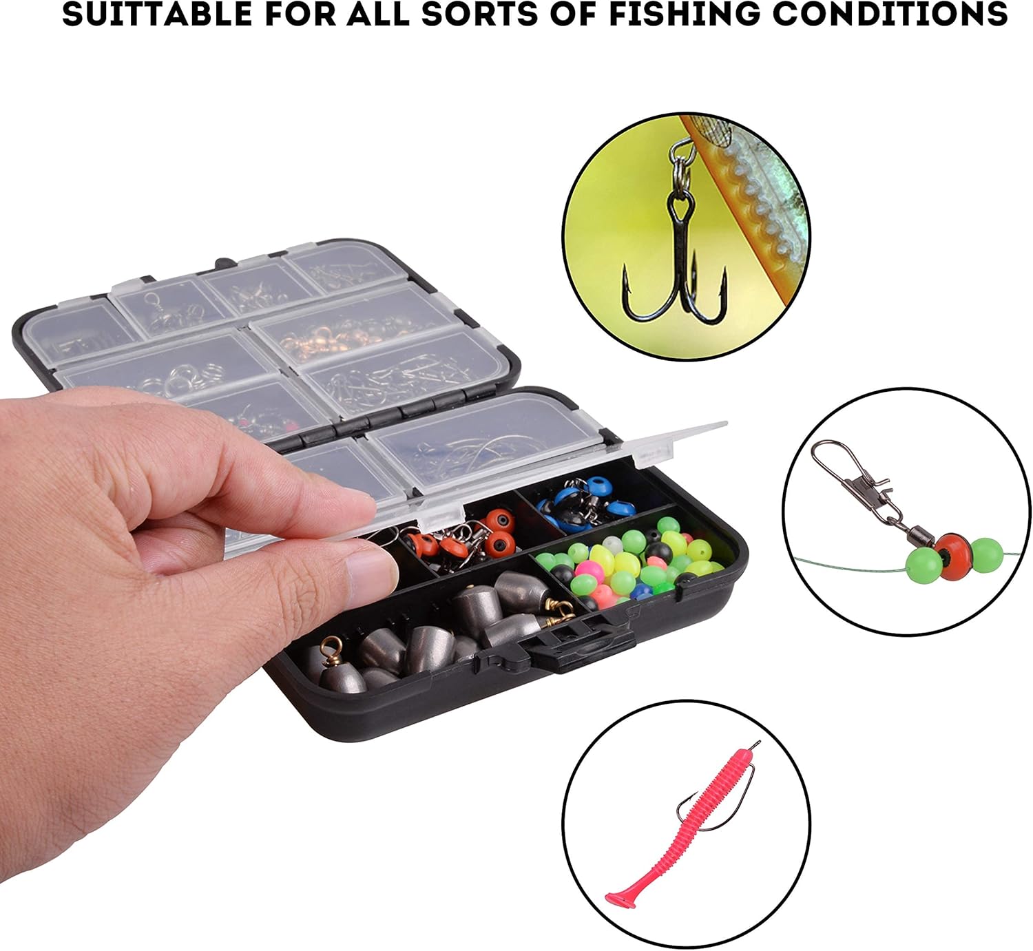 Fishing Swivels Snaps Set 226Pcs/Box Swivels Snaps Sinker Weights Three Way Swivel Split Rings Jigs Beads Freshwater Saltwater Fishing Accessories Tackle Box