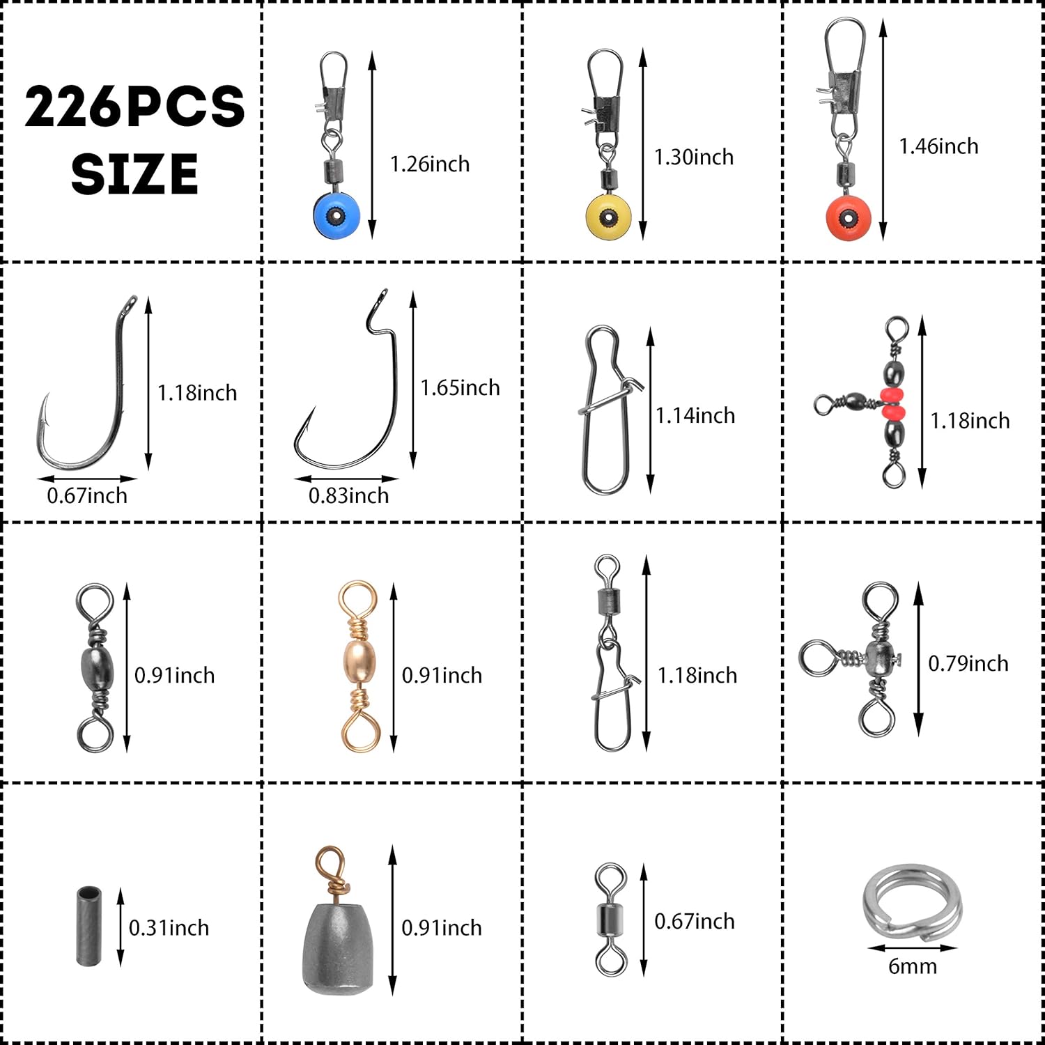 Fishing Swivels Snaps Set 226Pcs/Box Swivels Snaps Sinker Weights Three Way Swivel Split Rings Jigs Beads Freshwater Saltwater Fishing Accessories Tackle Box