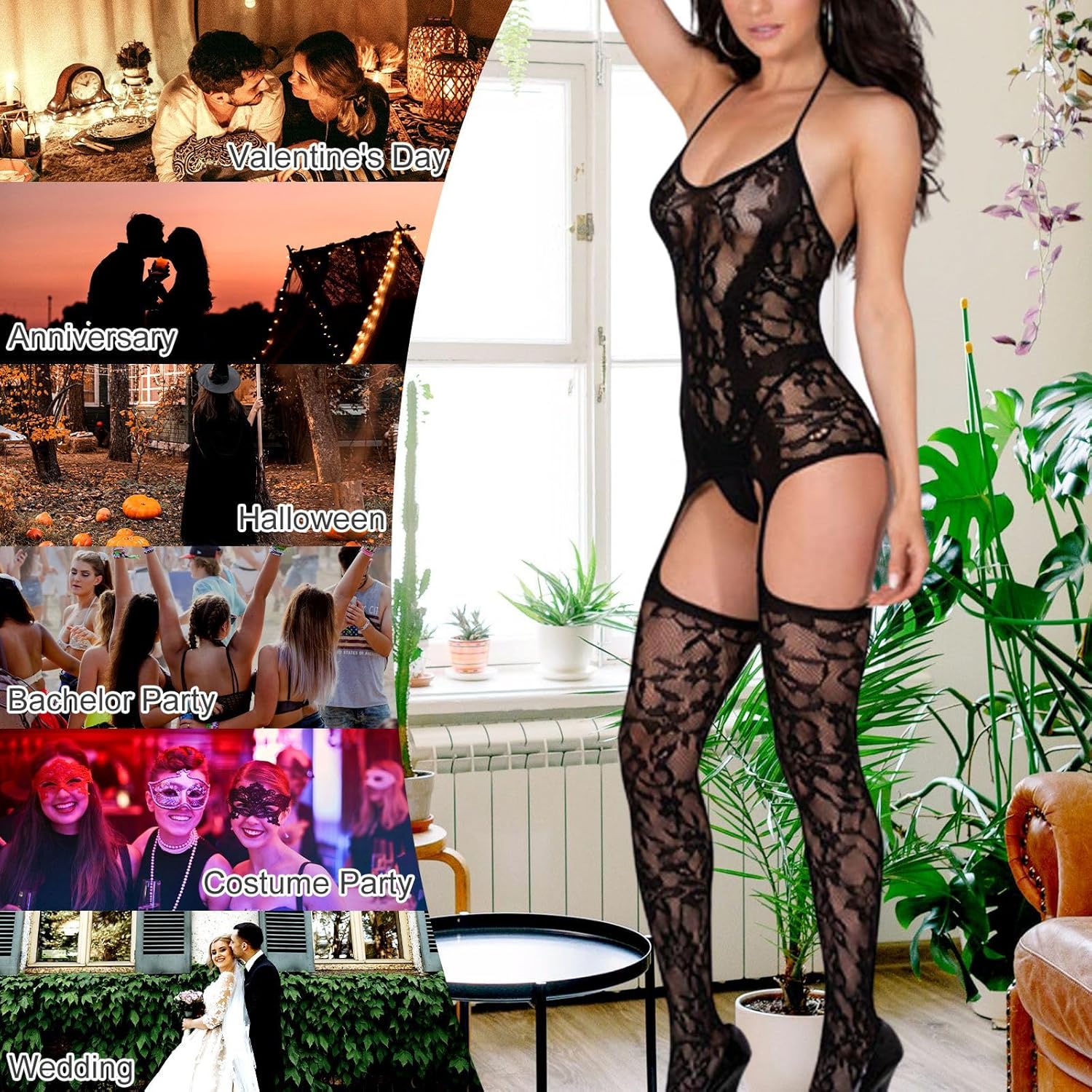 Sexy Lingerie for Women Naughty Bodystocking Fishnet Bodysuit Lace Halter Babydoll Chemise Nightwear Hollow Out Stretchy Tights Mini Dress with Suspenders Grarters Red Black