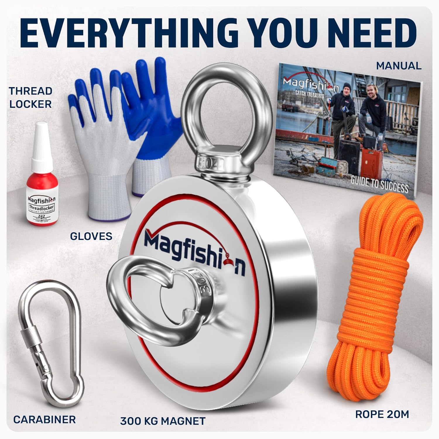 Magnet Fishing Kit - 300 KG (700Lb) - Ø60Mm - Super Strong Neodymium Magnet with Rope (20M), Carabiner, Gloves, Threadlocker - Magnetic Powerful Magnets