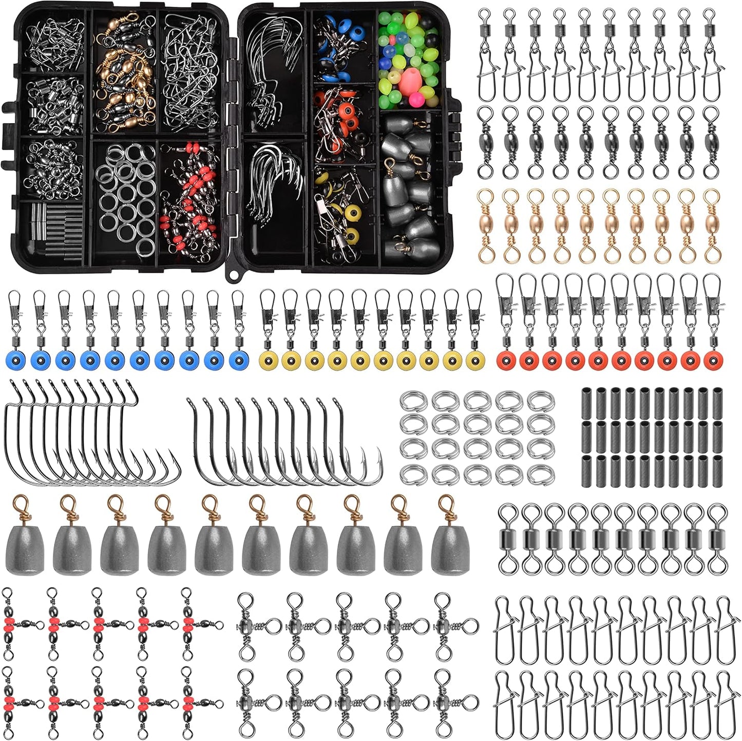 Fishing Swivels Snaps Set 226Pcs/Box Swivels Snaps Sinker Weights Three Way Swivel Split Rings Jigs Beads Freshwater Saltwater Fishing Accessories Tackle Box