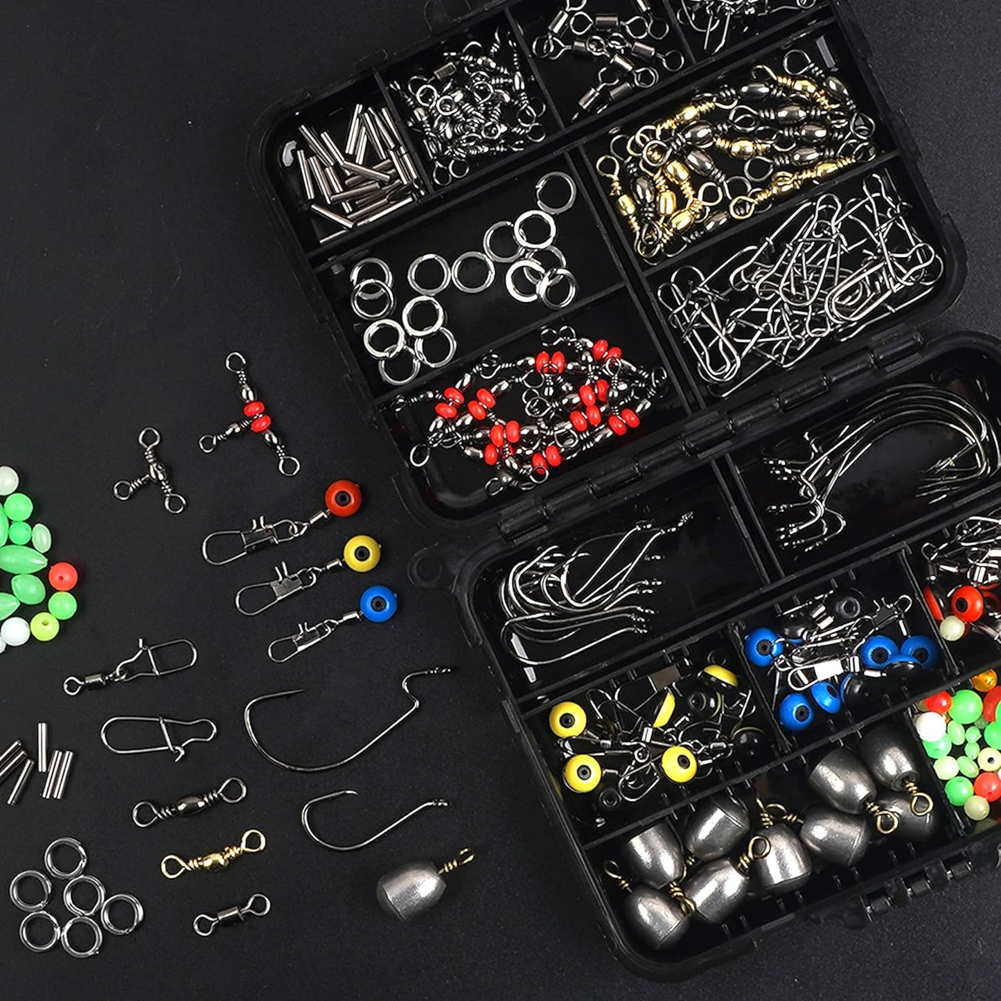 Fishing Swivels Snaps Set 226Pcs/Box Swivels Snaps Sinker Weights Three Way Swivel Split Rings Jigs Beads Freshwater Saltwater Fishing Accessories Tackle Box
